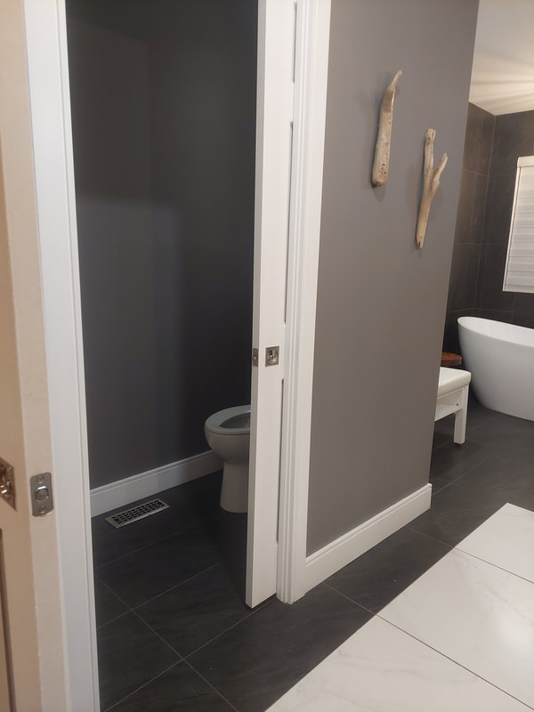 Newman Innovations dark bathroom with toilet room
